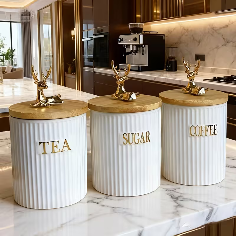 Ensemble de Pots Premium en Céramique avec Couvercles Hermétiques – Café, Thé et Sucre