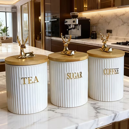 Ensemble de Pots Premium en Céramique avec Couvercles Hermétiques – Café, Thé et Sucre