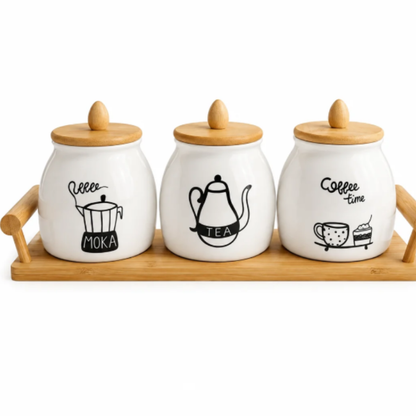 Ensemble de Pots Premium en Céramique avec Couvercles Hermétiques – Café, Thé et Sucre