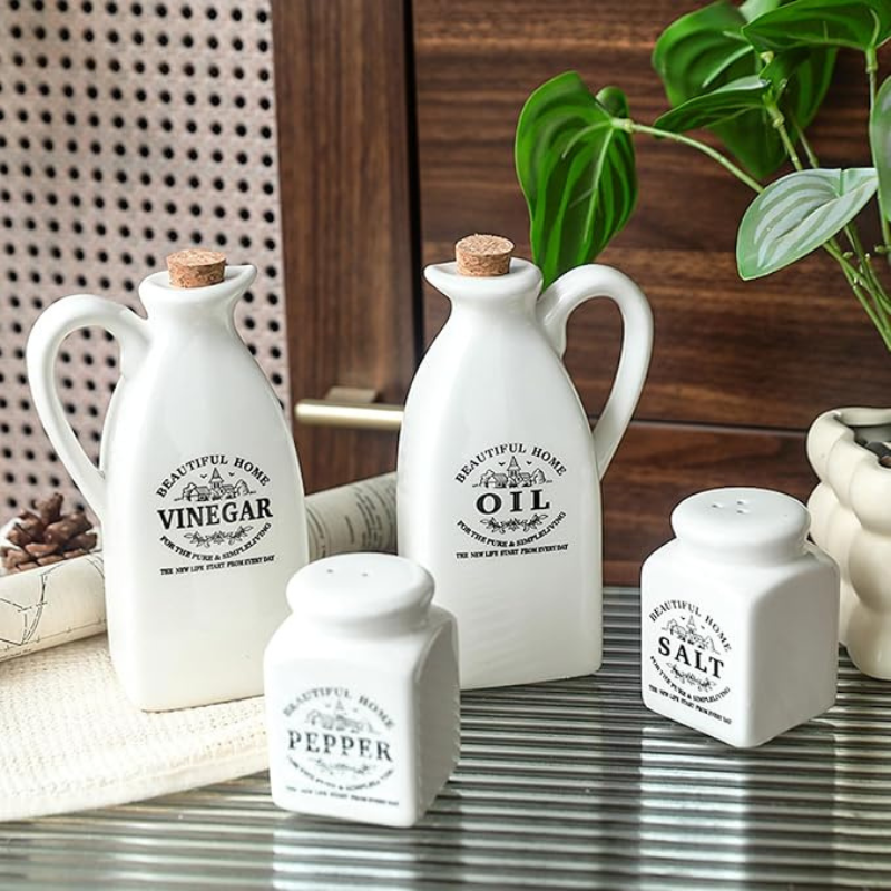 Ensemble de Pots Premium en Céramique Blanche – Couvercles en Liège avec Support en Bambou