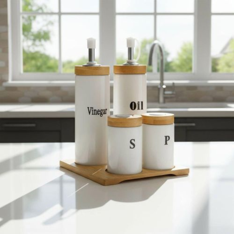 Ensemble de Pots Premium en Céramique Blanche – Couvercles en Liège avec Support en Bambou