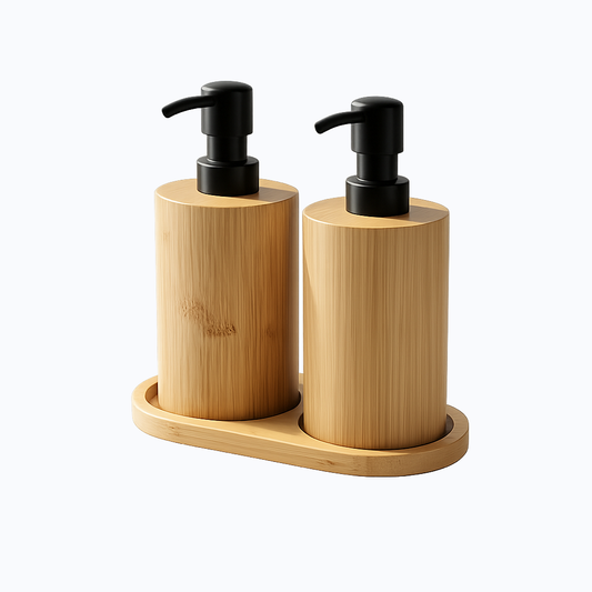 Distributeur Savon Liquide Double en Bambou – Set 2 Flacons avec Support pour Salle de Bain