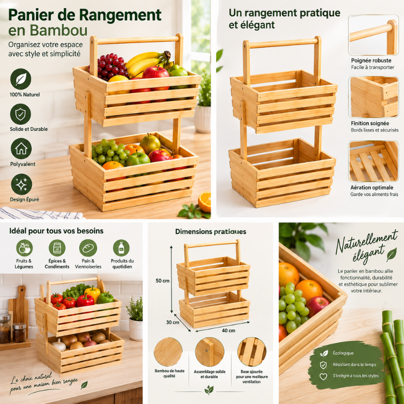 Organisateur en Bambou Naturel – Rangement Multifonctionnel pour Cuisine, Fruits, Légumes et Maison