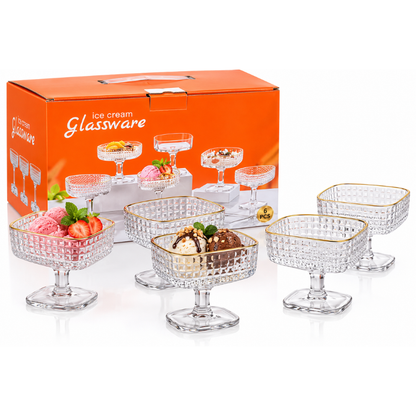 Coupes à Glace en Verre Premium – Lot de 6 avec Bord Doré