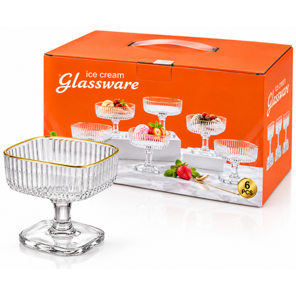 Coupes à Glace en Verre Premium – Lot de 6 avec Bord Doré