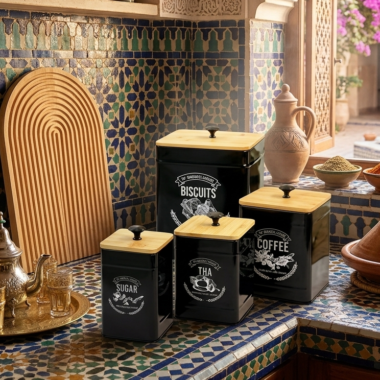VELNORA Boîtes Métal Noir avec Couvercles Bambou – Style Premium