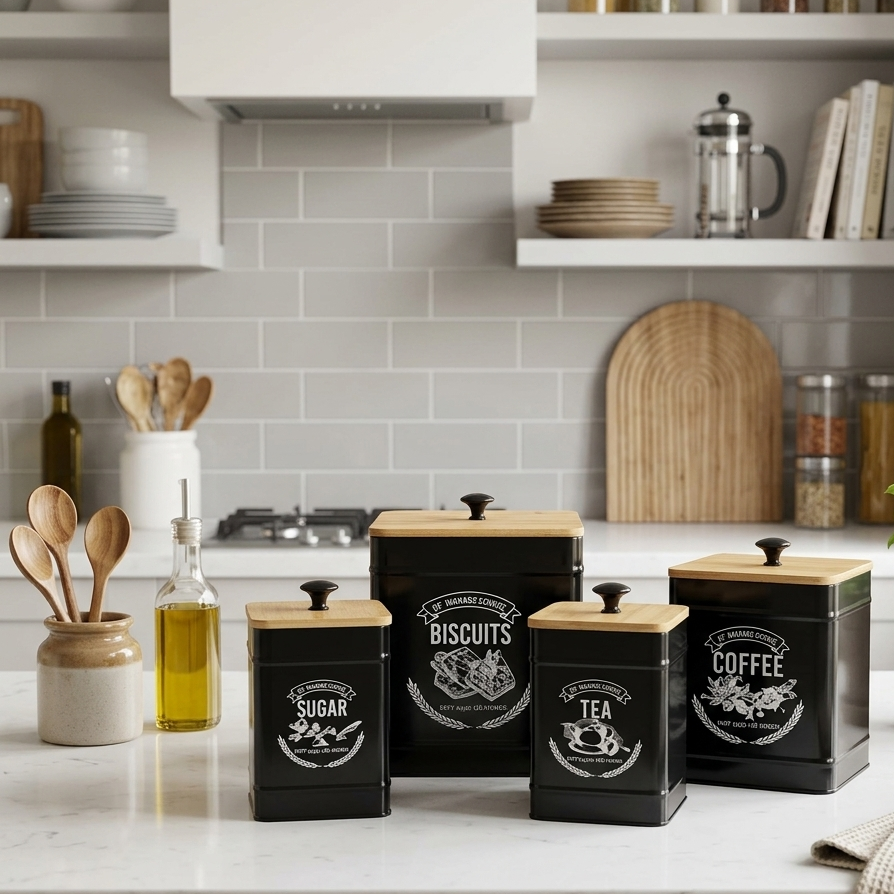 VELNORA Boîtes Métal Noir avec Couvercles Bambou – Style Premium