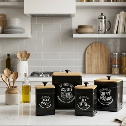 VELNORA Boîtes Métal Noir avec Couvercles Bambou – Style Premium