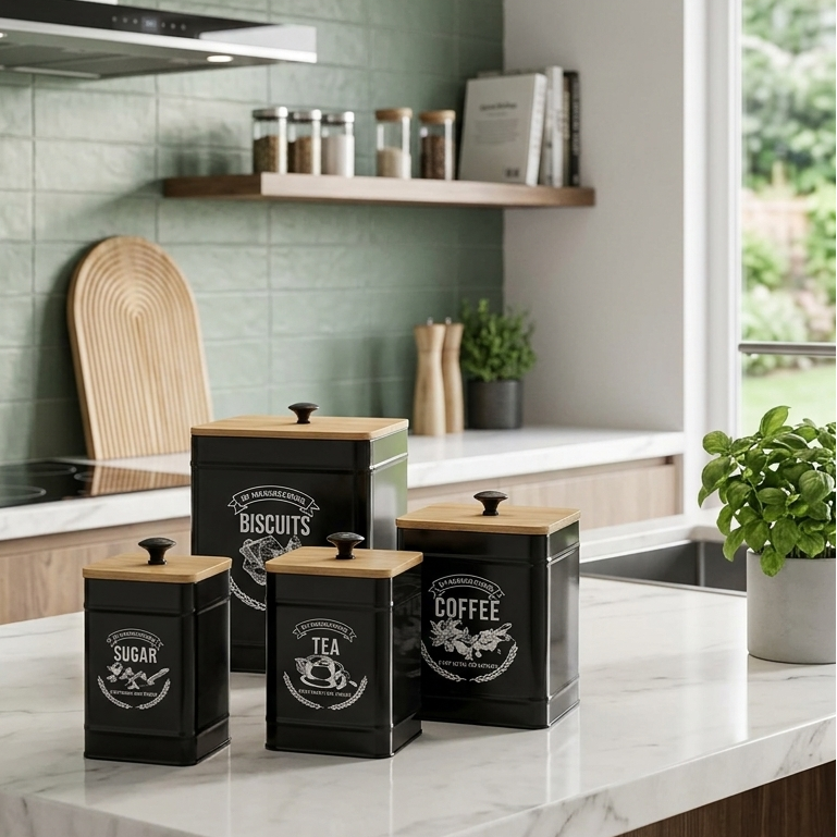 VELNORA Boîtes Métal Noir avec Couvercles Bambou – Style Premium