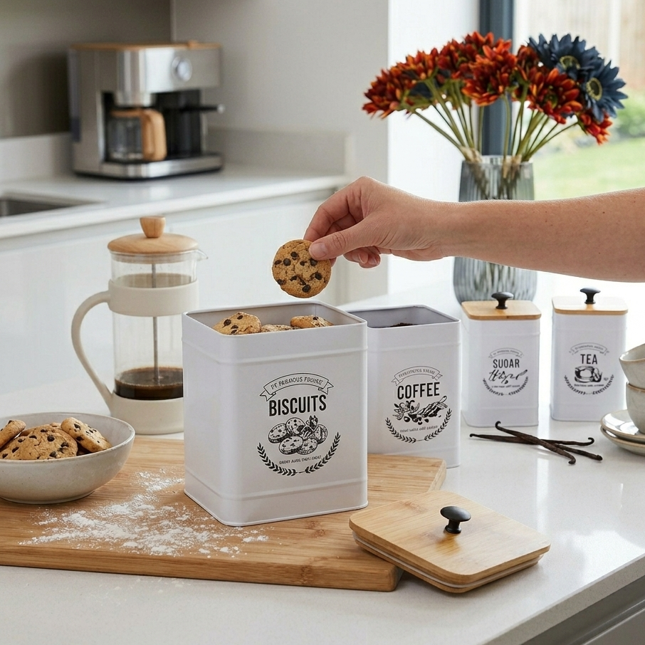VELNORA Set de Boîtes Cuisine Métal & Bambou – Rangement Élégant Premium