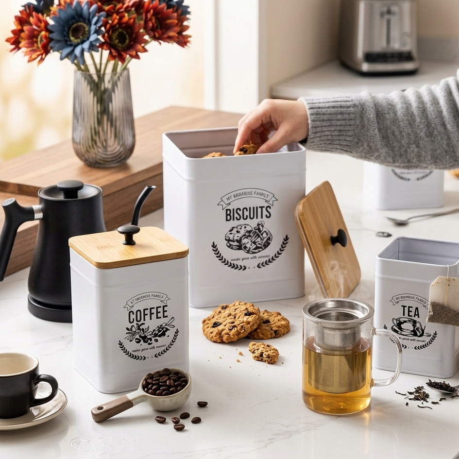 VELNORA Set de Boîtes Cuisine Métal & Bambou – Rangement Élégant Premium