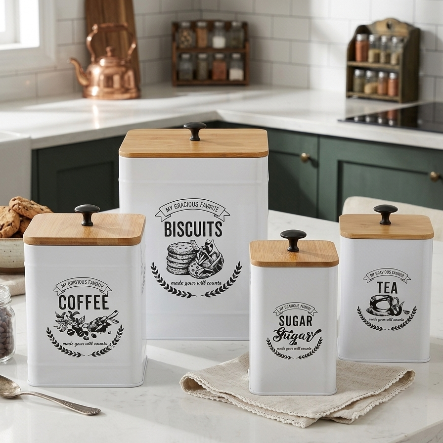 VELNORA Set de Boîtes Cuisine Métal & Bambou – Rangement Élégant Premium