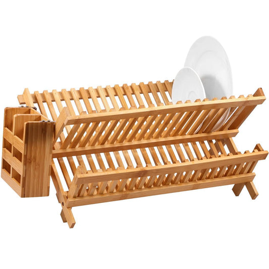 Égouttoir à Vaisselle Pliable en Bambou 2 Niveaux – Séchoir Vaisselle Écologique