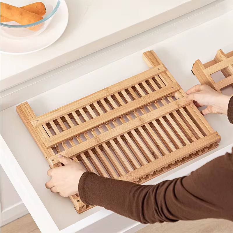 Égouttoir à Vaisselle Pliable en Bambou 2 Niveaux – Séchoir Vaisselle Écologique