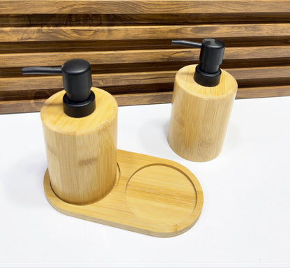 Distributeur Savon Liquide Double en Bambou – Set 2 Flacons avec Support pour Salle de Bain