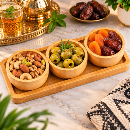 Plateau à Fruits Secs en Bambou avec Bols – Apéritif, Snacks & Service